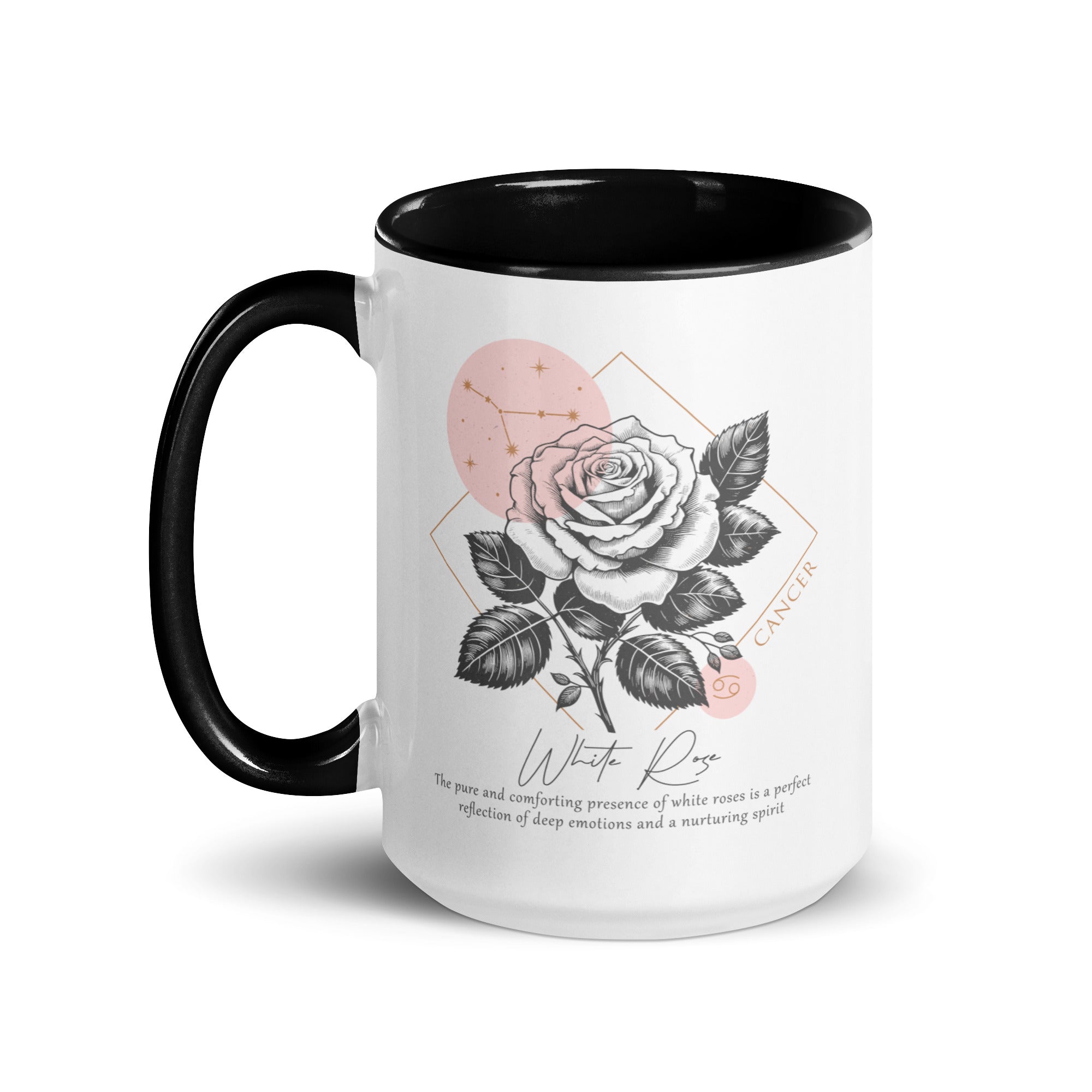 Cancer Zodiac White Rose Birth Flower 15 oz Mug with Black Handle - https://ascensionemporium.net